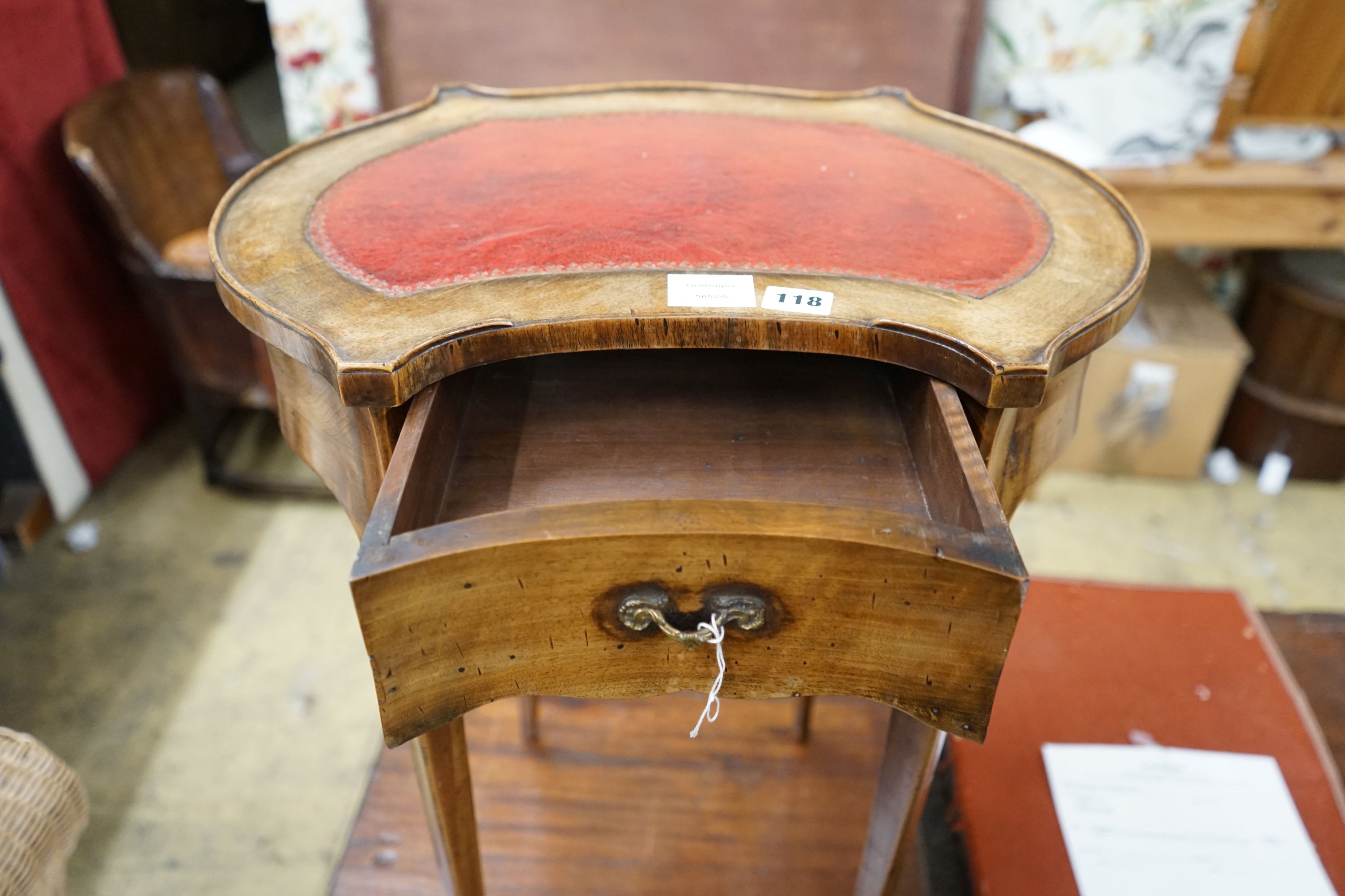 A French burr walnut veneered kidney shaped occasional table, width 49cm, depth 37cm, height 65cm